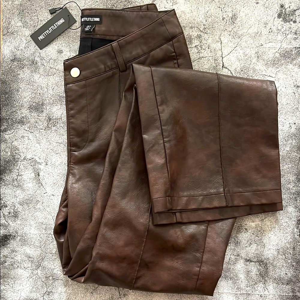 Pretty Little Thing Light Chocolate Washed Faux Leather Dip Waist Flared Pants